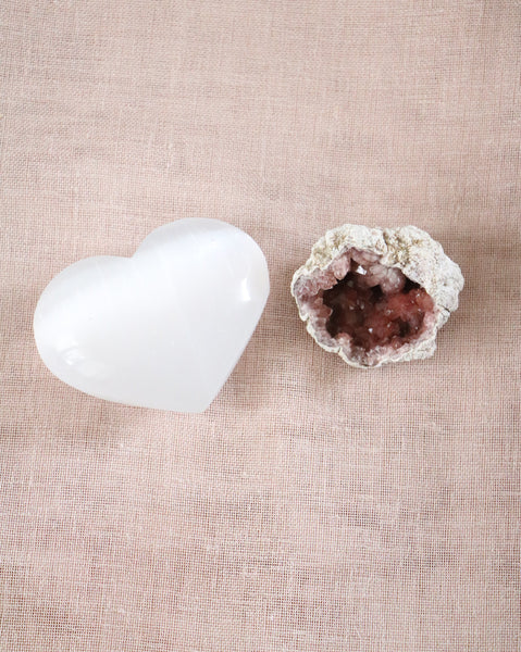 Selenite Heart + Pink Amethyst Set