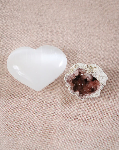 Selenite Heart + Pink Amethyst Set